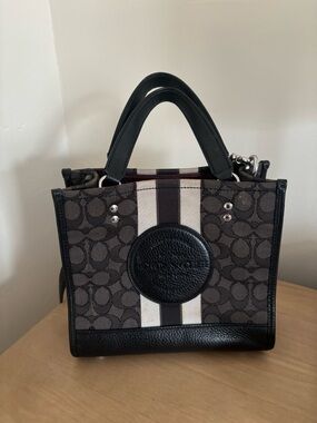Coach Small Signature Satchel in Black and Beige Stripe